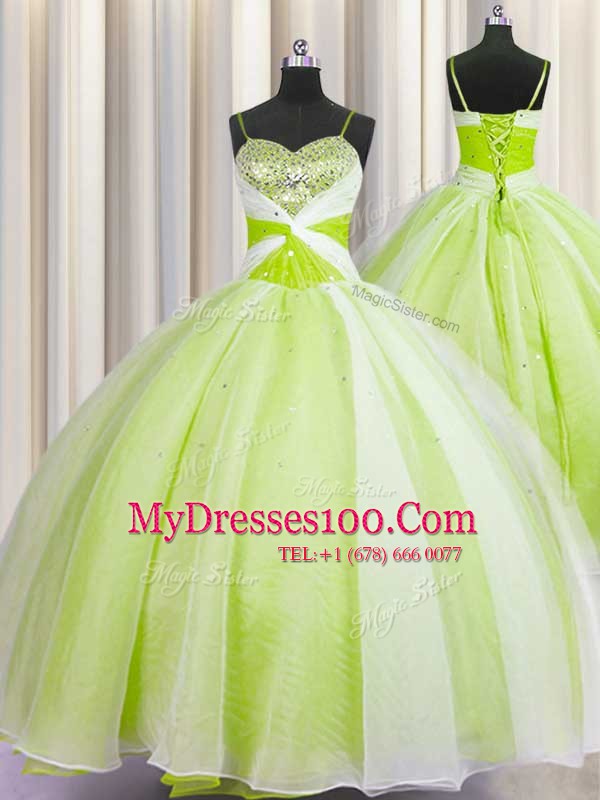 Glorious Floor Length Yellow Green Quinceanera Gowns Spaghetti Straps Sleeveless Lace Up