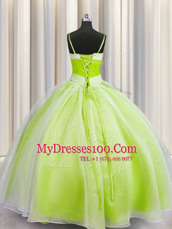 Glorious Floor Length Yellow Green Quinceanera Gowns Spaghetti Straps Sleeveless Lace Up