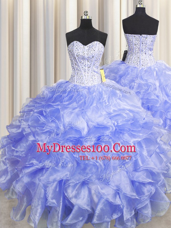 Visible Boning Zipper Up Lavender Sweetheart Zipper Beading and Ruffles Quinceanera Gowns Sleeveless