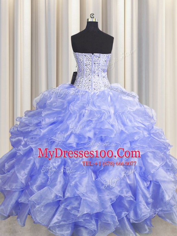 Visible Boning Zipper Up Lavender Sweetheart Zipper Beading and Ruffles Quinceanera Gowns Sleeveless