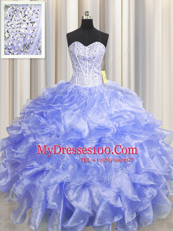 Visible Boning Zipper Up Lavender Sweetheart Zipper Beading and Ruffles Quinceanera Gowns Sleeveless