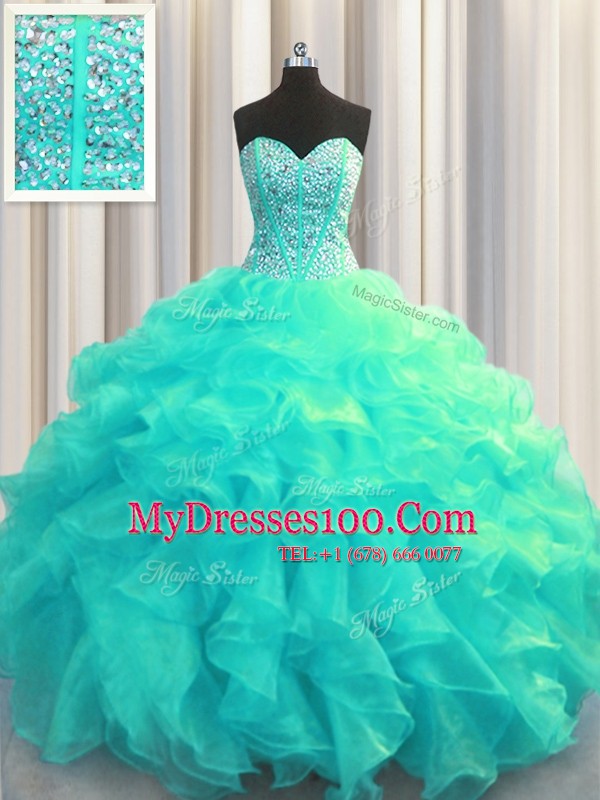 Top Selling Visible Boning Sweetheart Sleeveless Lace Up Quinceanera Dress Aqua Blue Organza