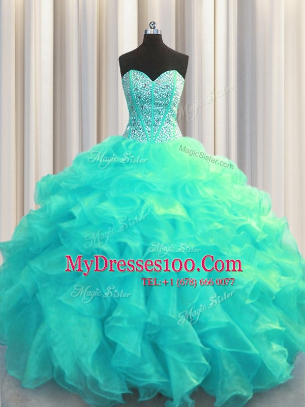 Top Selling Visible Boning Sweetheart Sleeveless Lace Up Quinceanera Dress Aqua Blue Organza