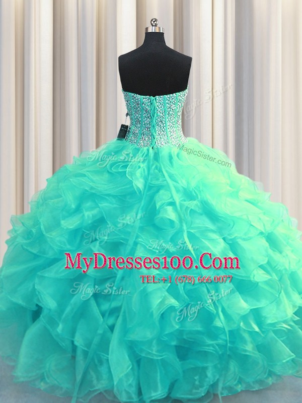 Top Selling Visible Boning Sweetheart Sleeveless Lace Up Quinceanera Dress Aqua Blue Organza