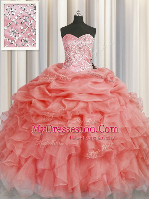 Organza Sweetheart Sleeveless Lace Up Beading and Ruffles Quince Ball Gowns in Watermelon Red