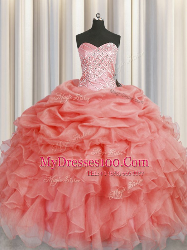 Organza Sweetheart Sleeveless Lace Up Beading and Ruffles Quince Ball Gowns in Watermelon Red