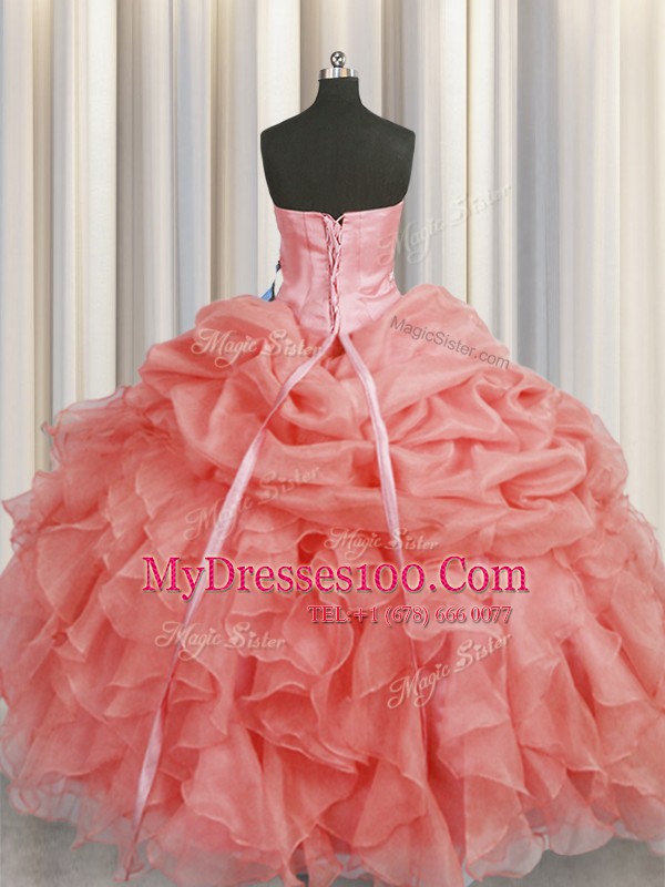 Organza Sweetheart Sleeveless Lace Up Beading and Ruffles Quince Ball Gowns in Watermelon Red