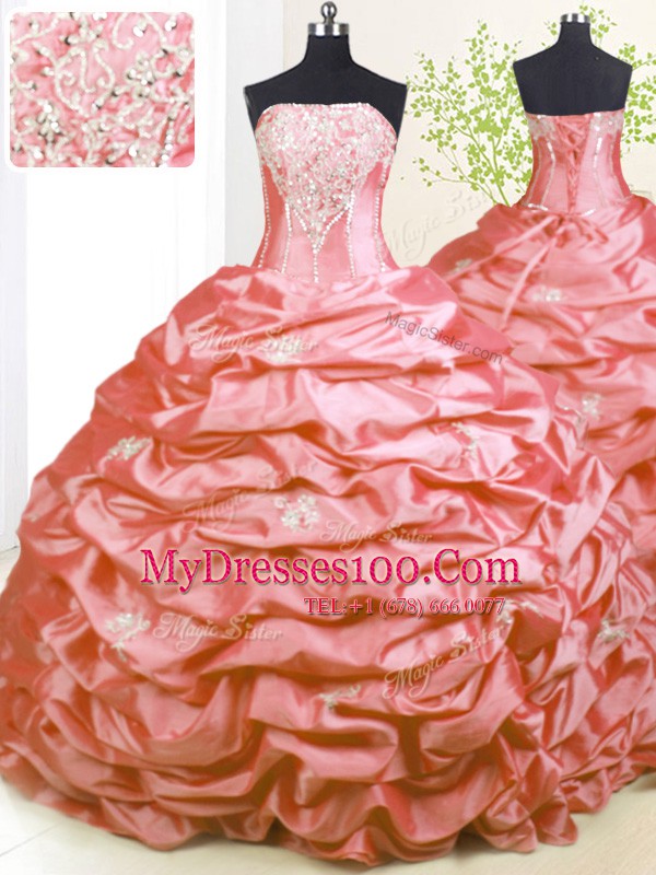 Pick Ups With Train Pink Quinceanera Dresses Strapless Sleeveless Sweep Train Lace Up