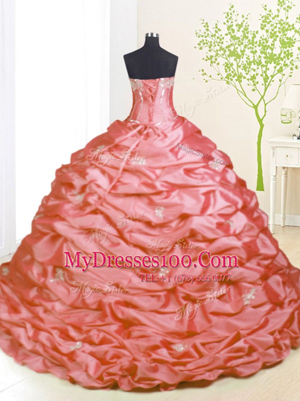 Pick Ups With Train Pink Quinceanera Dresses Strapless Sleeveless Sweep Train Lace Up