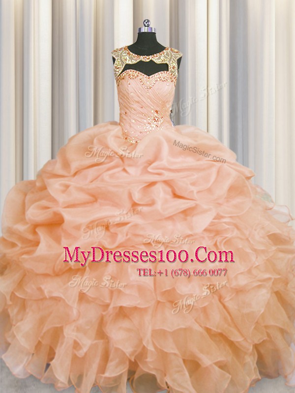 Glittering Pick Ups Scoop Sleeveless Lace Up Sweet 16 Dress Peach Organza