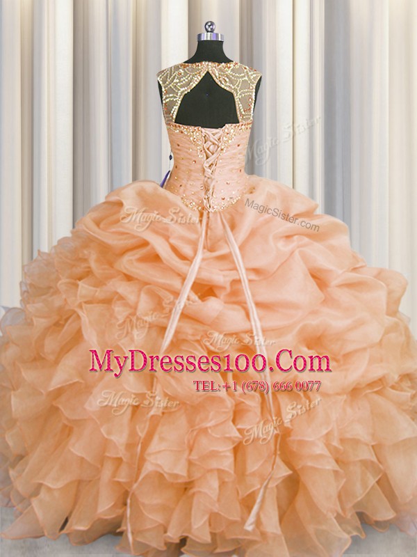 Glittering Pick Ups Scoop Sleeveless Lace Up Sweet 16 Dress Peach Organza