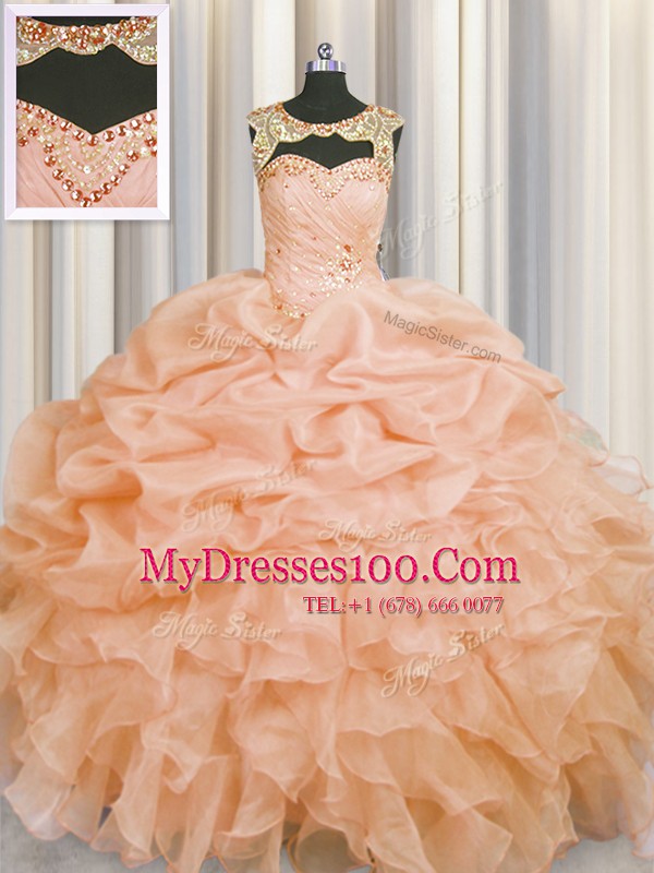 Glittering Pick Ups Scoop Sleeveless Lace Up Sweet 16 Dress Peach Organza