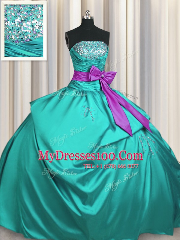 Amazing Turquoise Sleeveless Floor Length Beading and Ruching and Bowknot Lace Up Sweet 16 Quinceanera Dress