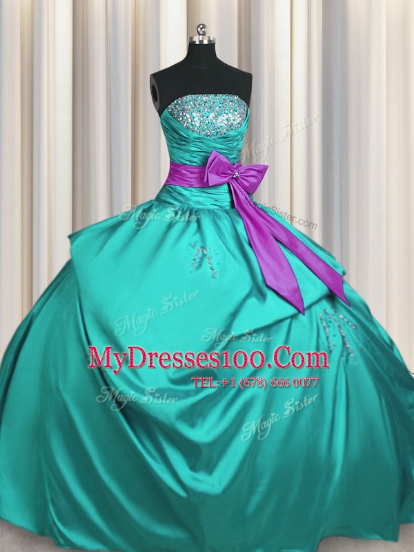 Amazing Turquoise Sleeveless Floor Length Beading and Ruching and Bowknot Lace Up Sweet 16 Quinceanera Dress