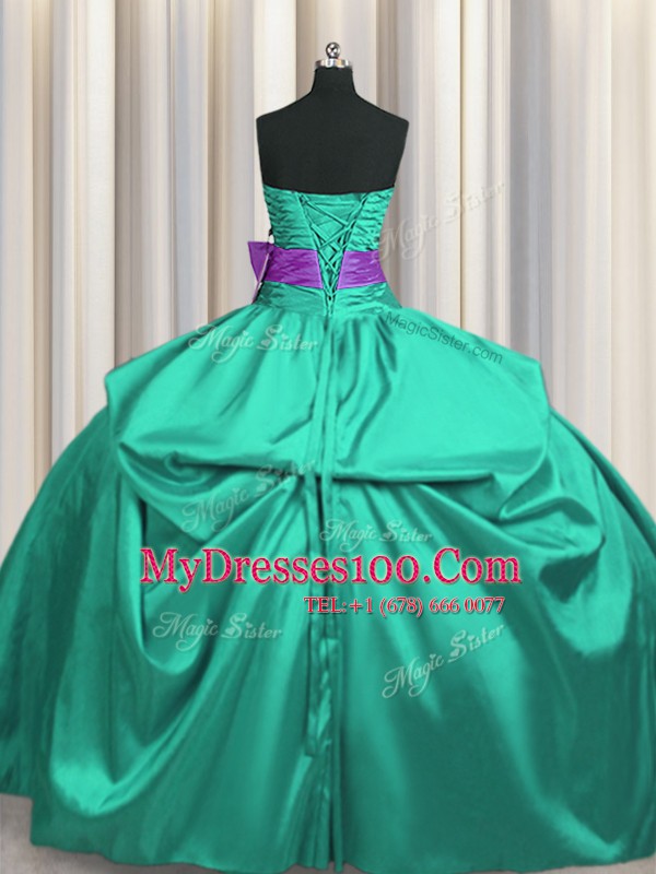 Amazing Turquoise Sleeveless Floor Length Beading and Ruching and Bowknot Lace Up Sweet 16 Quinceanera Dress