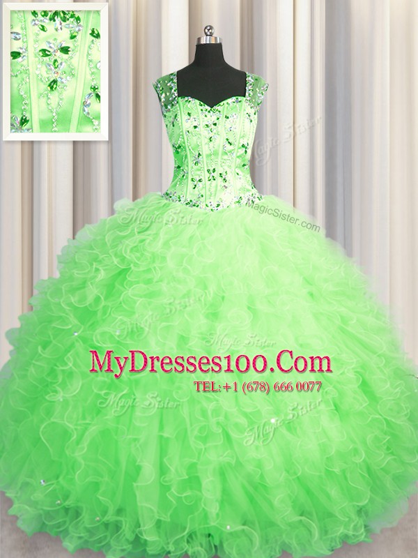 Glorious See Through Zipper Up Floor Length Vestidos de Quinceanera Straps Sleeveless Zipper