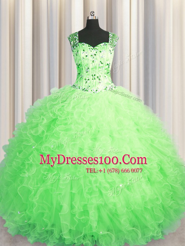 Glorious See Through Zipper Up Floor Length Vestidos de Quinceanera Straps Sleeveless Zipper