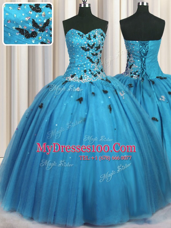 Designer Baby Blue Tulle Lace Up Quince Ball Gowns Sleeveless Floor Length Beading and Appliques