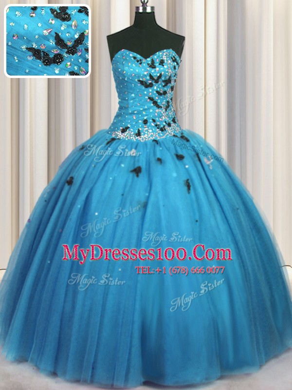 Designer Baby Blue Tulle Lace Up Quince Ball Gowns Sleeveless Floor Length Beading and Appliques