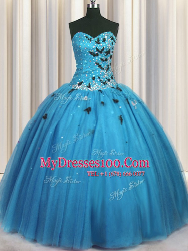 Designer Baby Blue Tulle Lace Up Quince Ball Gowns Sleeveless Floor Length Beading and Appliques