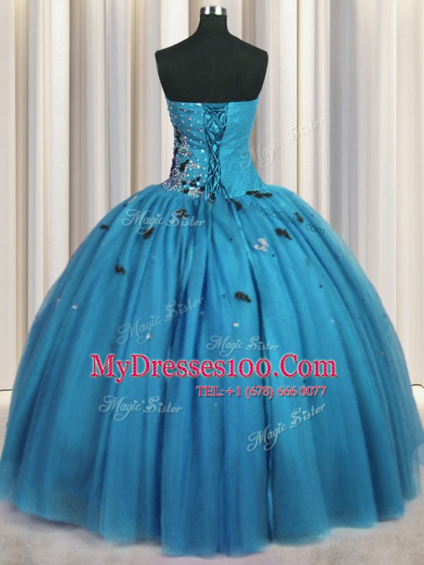 Designer Baby Blue Tulle Lace Up Quince Ball Gowns Sleeveless Floor Length Beading and Appliques