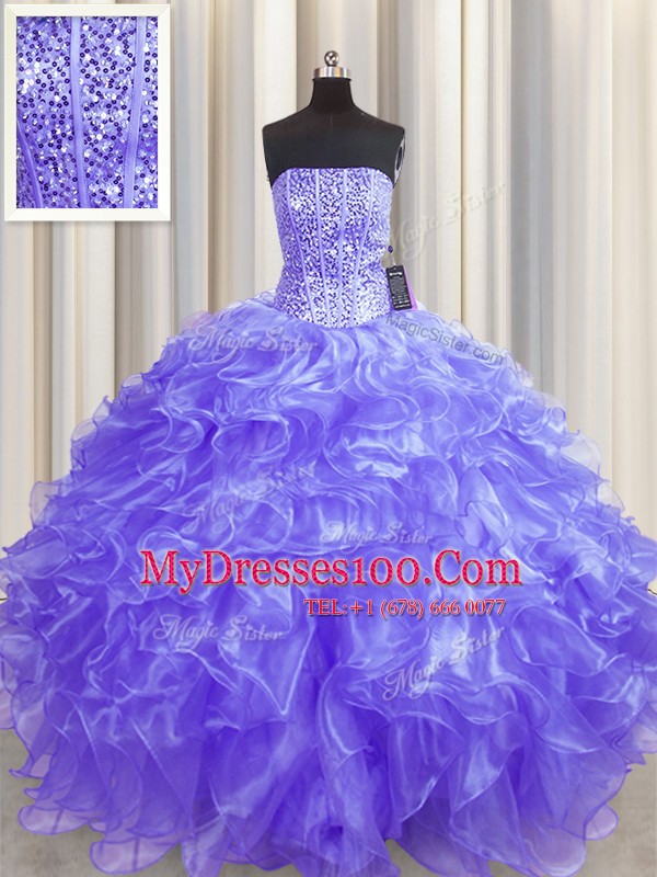 Visible Boning Lavender Strapless Lace Up Beading and Ruffles Sweet 16 Dress Sleeveless