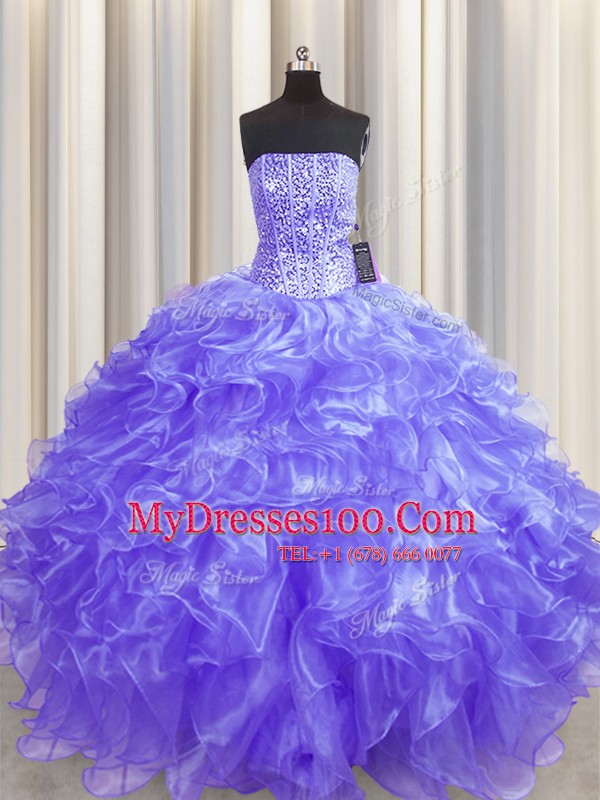 Visible Boning Lavender Strapless Lace Up Beading and Ruffles Sweet 16 Dress Sleeveless