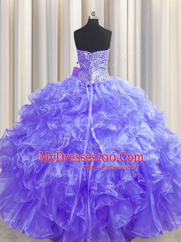 Visible Boning Lavender Strapless Lace Up Beading and Ruffles Sweet 16 Dress Sleeveless