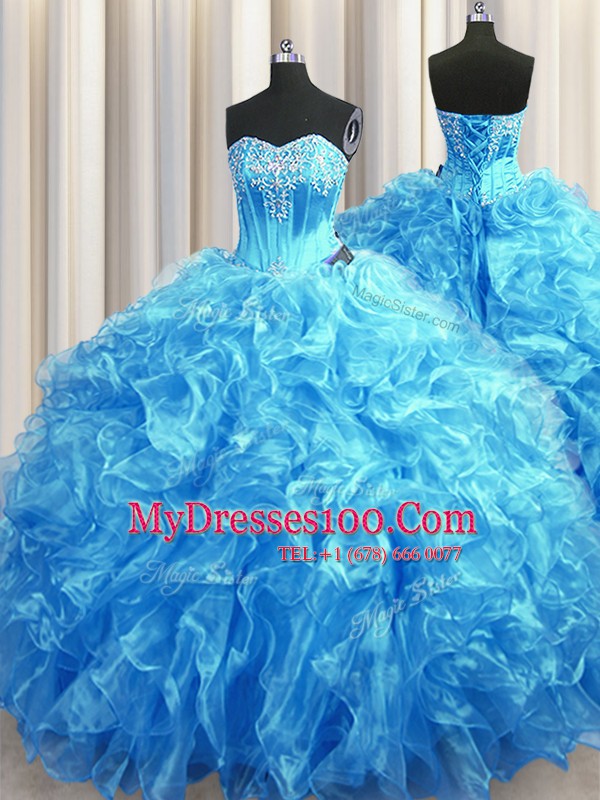 Organza Sleeveless Ball Gown Prom Dress Sweep Train and Beading and Ruffles