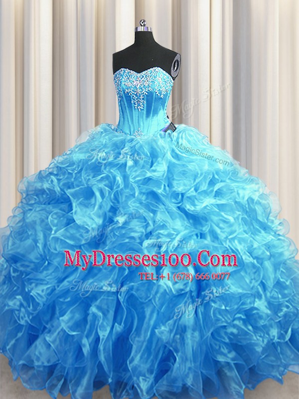 Organza Sleeveless Ball Gown Prom Dress Sweep Train and Beading and Ruffles