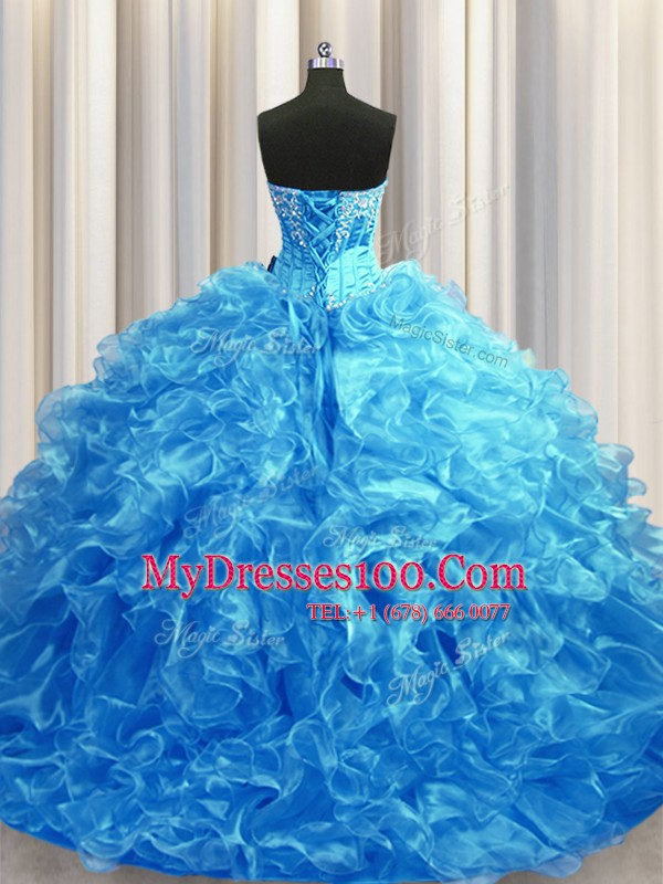 Organza Sleeveless Ball Gown Prom Dress Sweep Train and Beading and Ruffles