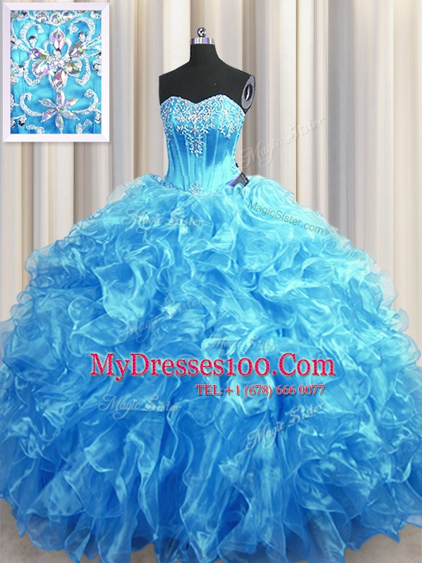 Organza Sleeveless Ball Gown Prom Dress Sweep Train and Beading and Ruffles