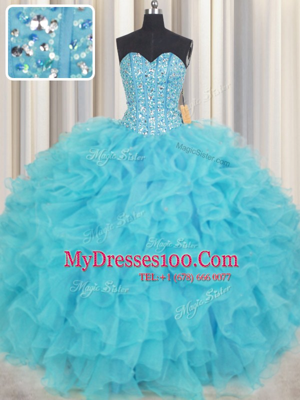 Ideal Visible Boning Sweetheart Sleeveless 15 Quinceanera Dress Floor Length Beading and Ruffles Baby Blue Organza