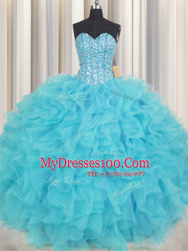 Ideal Visible Boning Sweetheart Sleeveless 15 Quinceanera Dress Floor Length Beading and Ruffles Baby Blue Organza