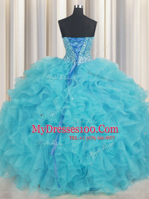 Ideal Visible Boning Sweetheart Sleeveless 15 Quinceanera Dress Floor Length Beading and Ruffles Baby Blue Organza
