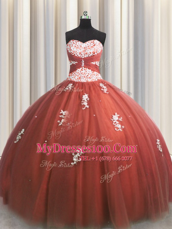 Hot Sale Rust Red Tulle Lace Up Quinceanera Dress Sleeveless Floor Length Beading and Appliques