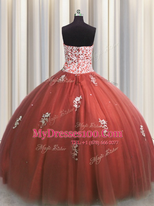 Hot Sale Rust Red Tulle Lace Up Quinceanera Dress Sleeveless Floor Length Beading and Appliques