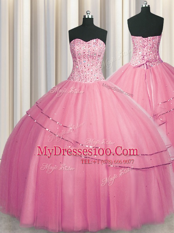 Visible Boning Big Puffy Tulle Sweetheart Sleeveless Lace Up Beading Sweet 16 Dress in Rose Pink