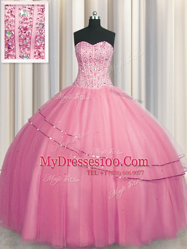 Visible Boning Big Puffy Tulle Sweetheart Sleeveless Lace Up Beading Sweet 16 Dress in Rose Pink