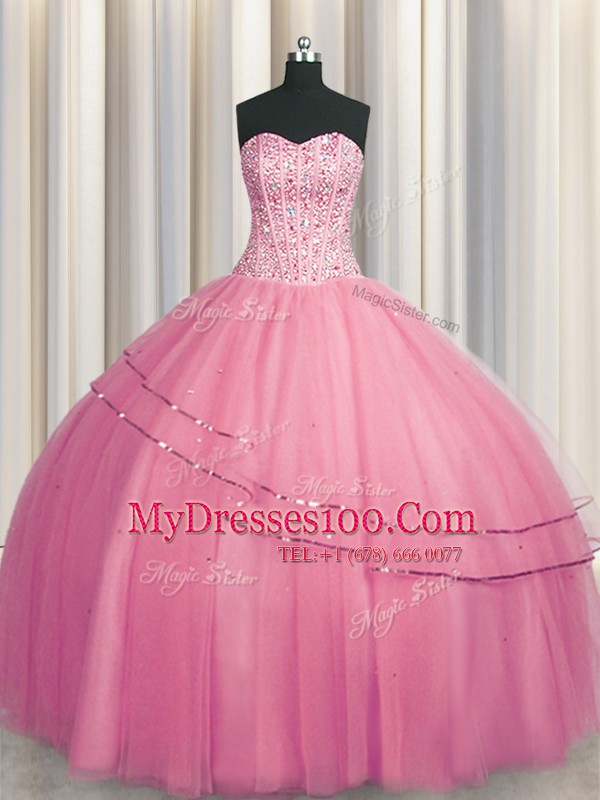 Visible Boning Big Puffy Tulle Sweetheart Sleeveless Lace Up Beading Sweet 16 Dress in Rose Pink