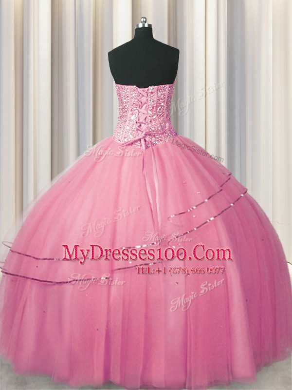 Visible Boning Big Puffy Tulle Sweetheart Sleeveless Lace Up Beading Sweet 16 Dress in Rose Pink