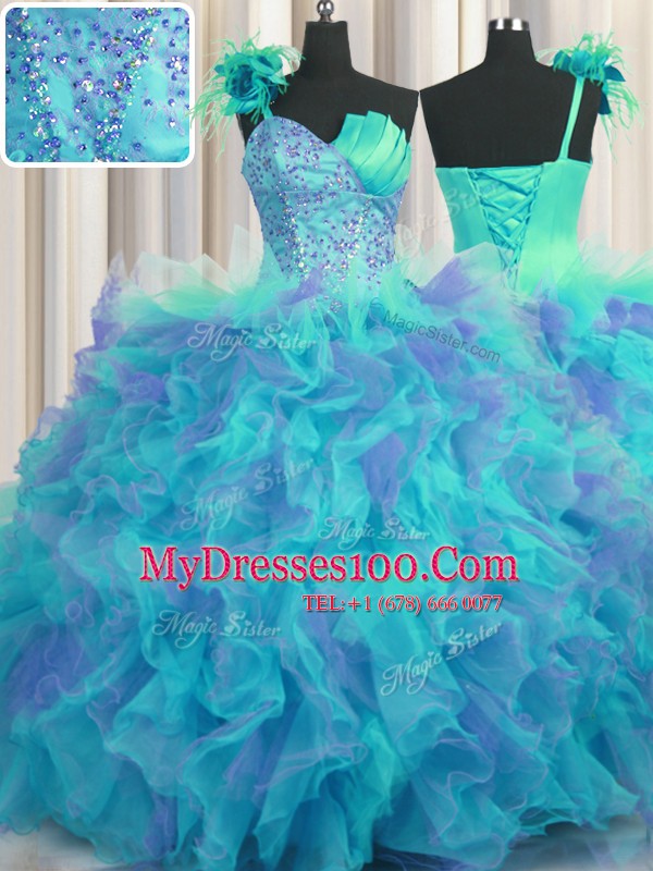 Lovely Handcrafted Flower One Shoulder Sleeveless Tulle Ball Gown Prom Dress Beading and Ruffles and Hand Made Flower Lace Up