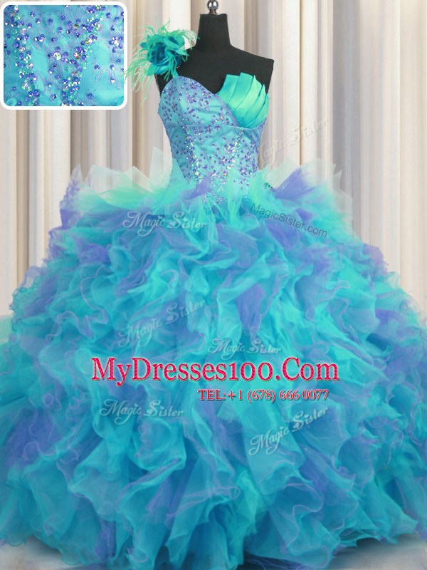 Lovely Handcrafted Flower One Shoulder Sleeveless Tulle Ball Gown Prom Dress Beading and Ruffles and Hand Made Flower Lace Up