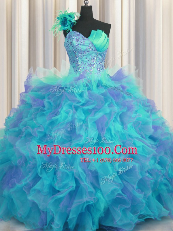 Lovely Handcrafted Flower One Shoulder Sleeveless Tulle Ball Gown Prom Dress Beading and Ruffles and Hand Made Flower Lace Up