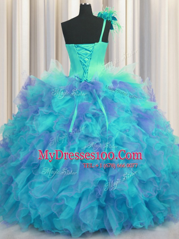 Lovely Handcrafted Flower One Shoulder Sleeveless Tulle Ball Gown Prom Dress Beading and Ruffles and Hand Made Flower Lace Up