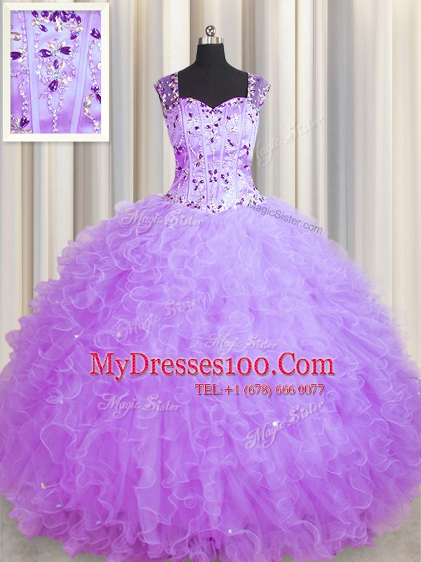See Through Zipper Up Purple Zipper Square Beading and Ruffles 15th Birthday Dress Tulle Sleeveless