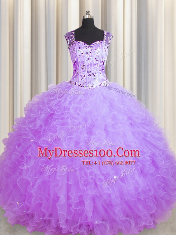 See Through Zipper Up Purple Zipper Square Beading and Ruffles 15th Birthday Dress Tulle Sleeveless