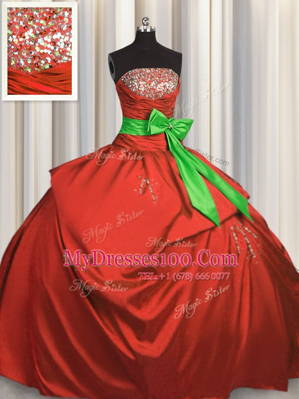 Bowknot Strapless Sleeveless Lace Up Sweet 16 Quinceanera Dress Coral Red Taffeta