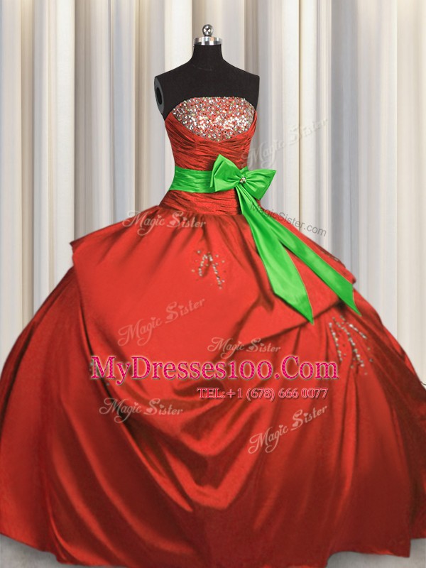 Bowknot Strapless Sleeveless Lace Up Sweet 16 Quinceanera Dress Coral Red Taffeta