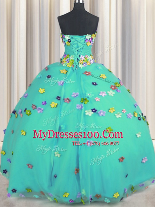 Strapless Sleeveless Tulle Quinceanera Gown Hand Made Flower Lace Up